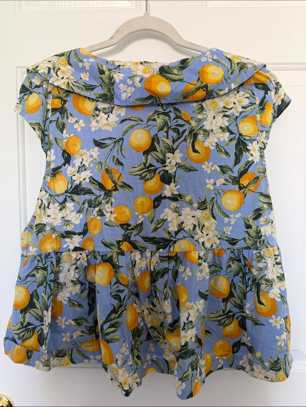 Anthropologie Maeve Blue Lemon Print Sleeveless Babydoll Ruffle Tie Blouse - Picture 3 of 6